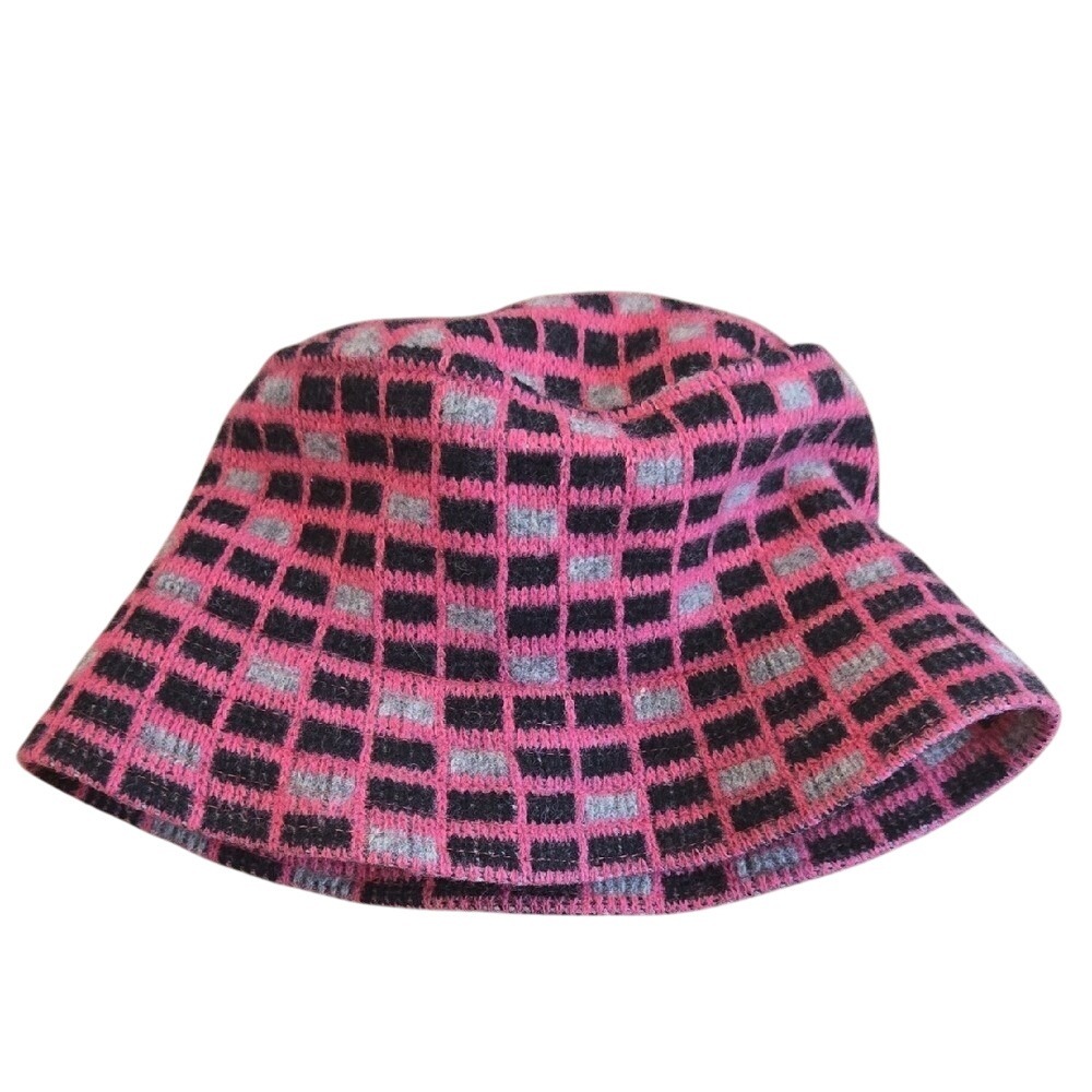 Y2K Wool Blend Women Checkerboard Pattern Bucket Hat Funky Retro Pink Gray Black